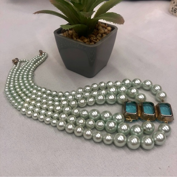 Vintage Faux Pearl Blue Glass 3 Strand Necklace - Picture 15 of 16
